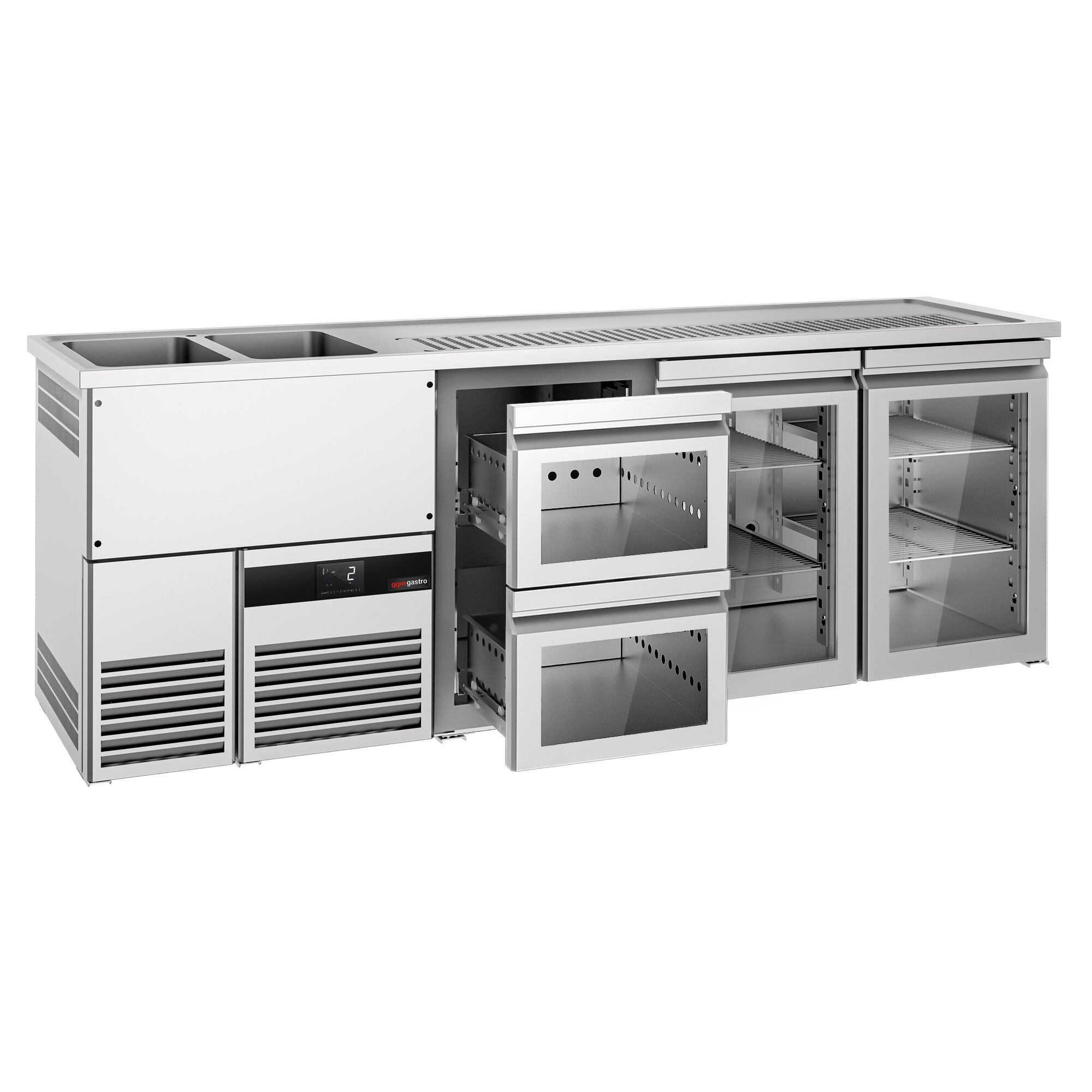 Beer counter premium - 2500x700mm - 2 glass doors & 2 glass drawers