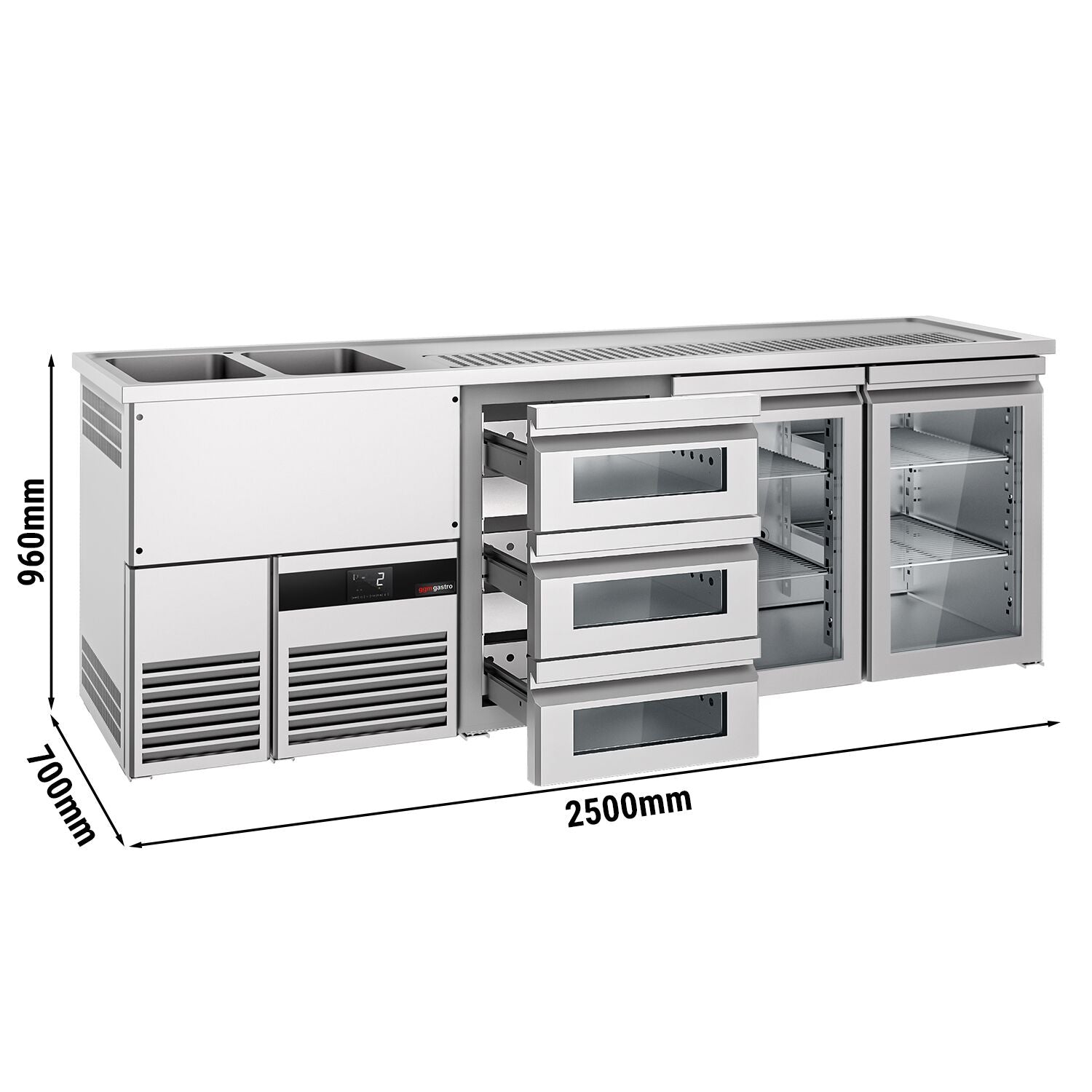 Beer counter premium - 2500x700mm- 2 glass doors & 3 glass drawers