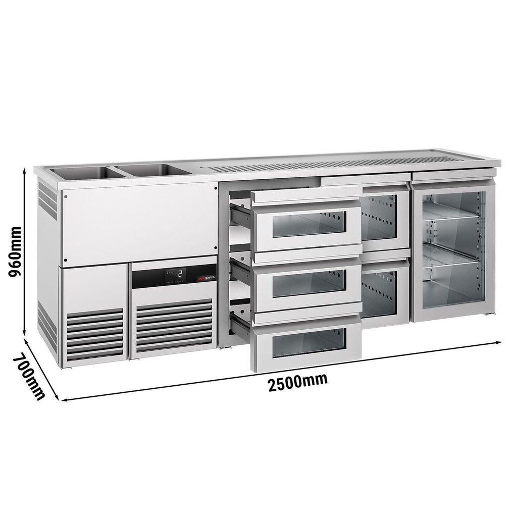 Beer counter premium - 2500x700mm- 1 glass door with 1 glass drawer