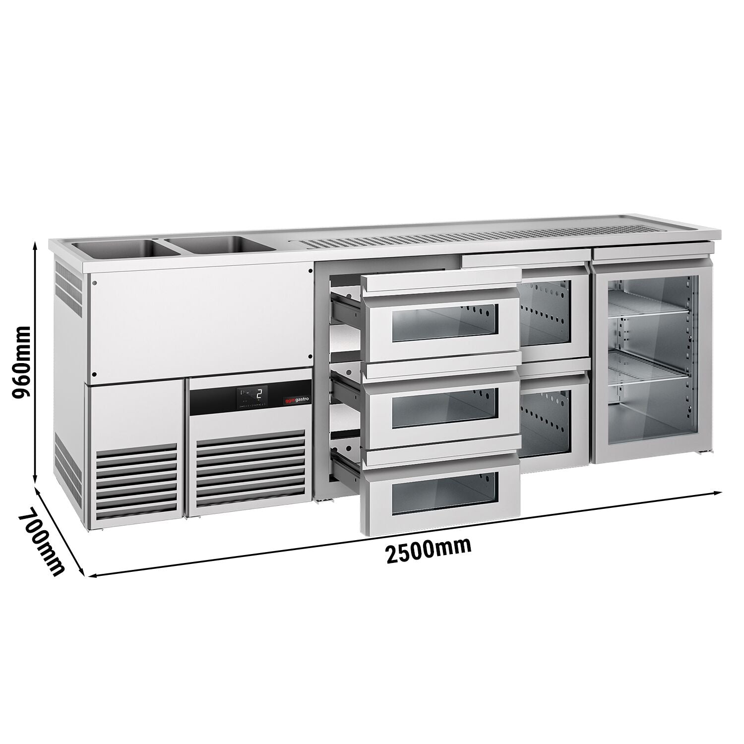 Beer counter premium - 2500x700mm- 1 glass door with 1 glass drawer