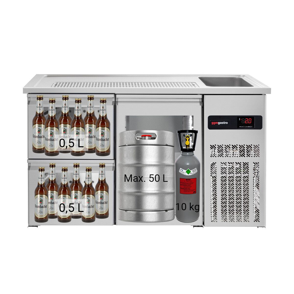 Beer counter - 1,55 x 0.7 m - 1 glass door & 2 glass drawer 1/2