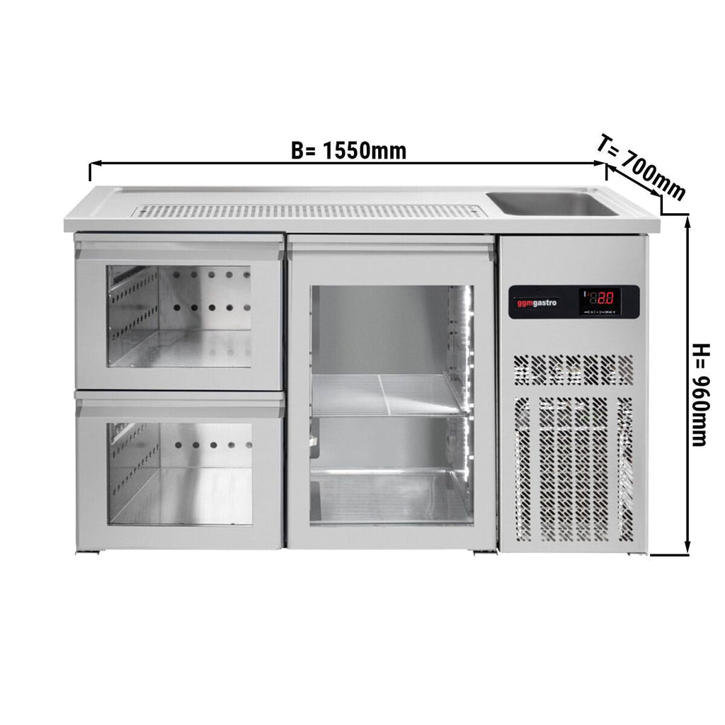 Beer counter - 1,55 x 0.7 m - 1 glass door & 2 glass drawer 1/2