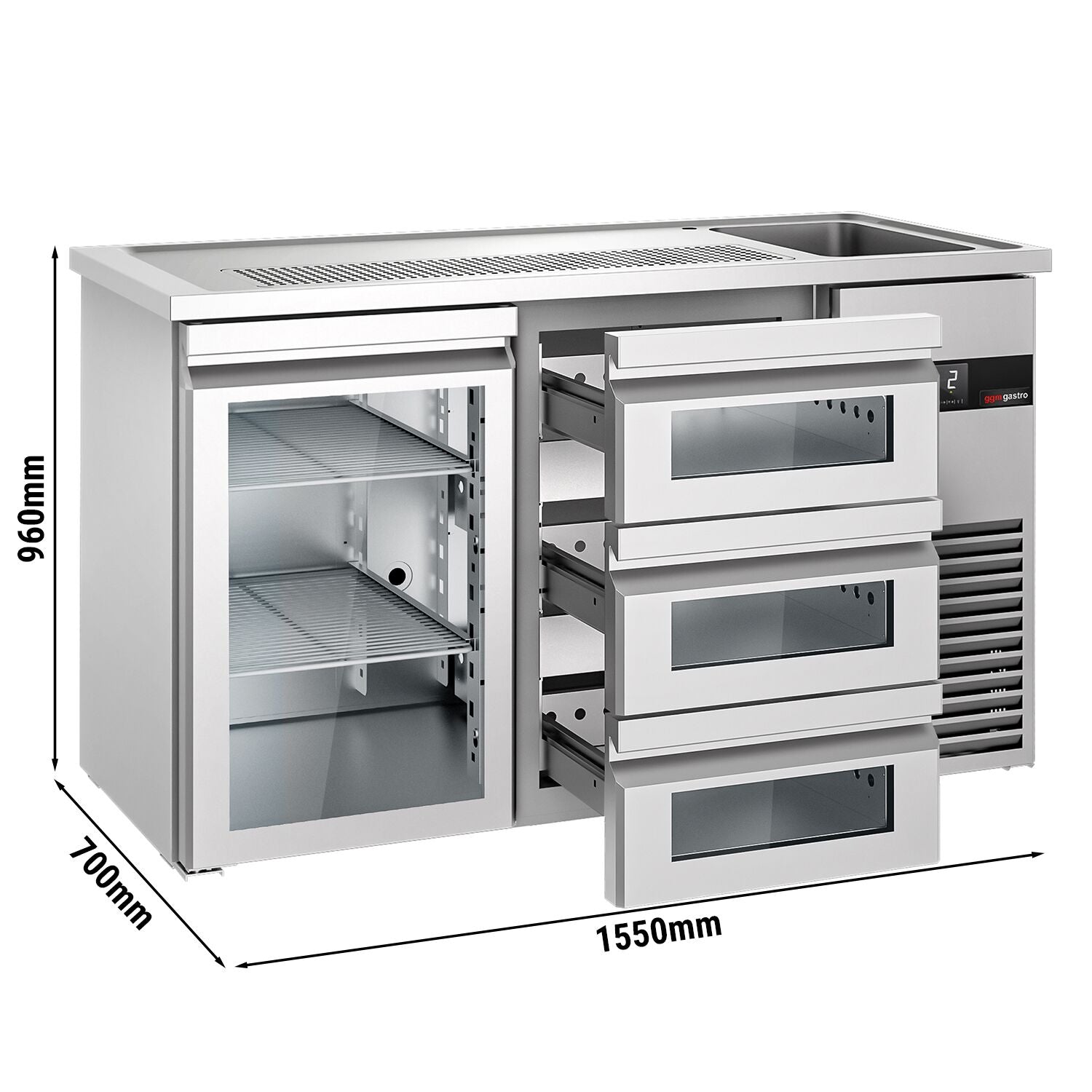 Beer counter premium - 1550x700mm- single glass door and 3 glass drawers