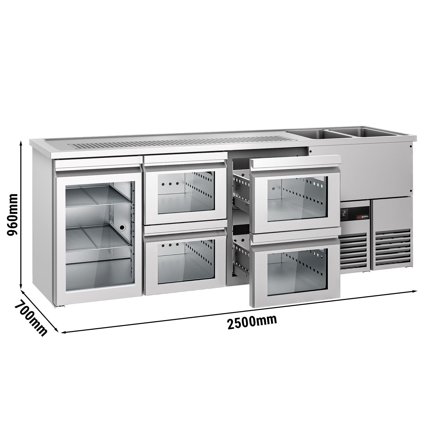 Beer counter premium - 2500x700mm - 1 glass door & 4 glass drawers