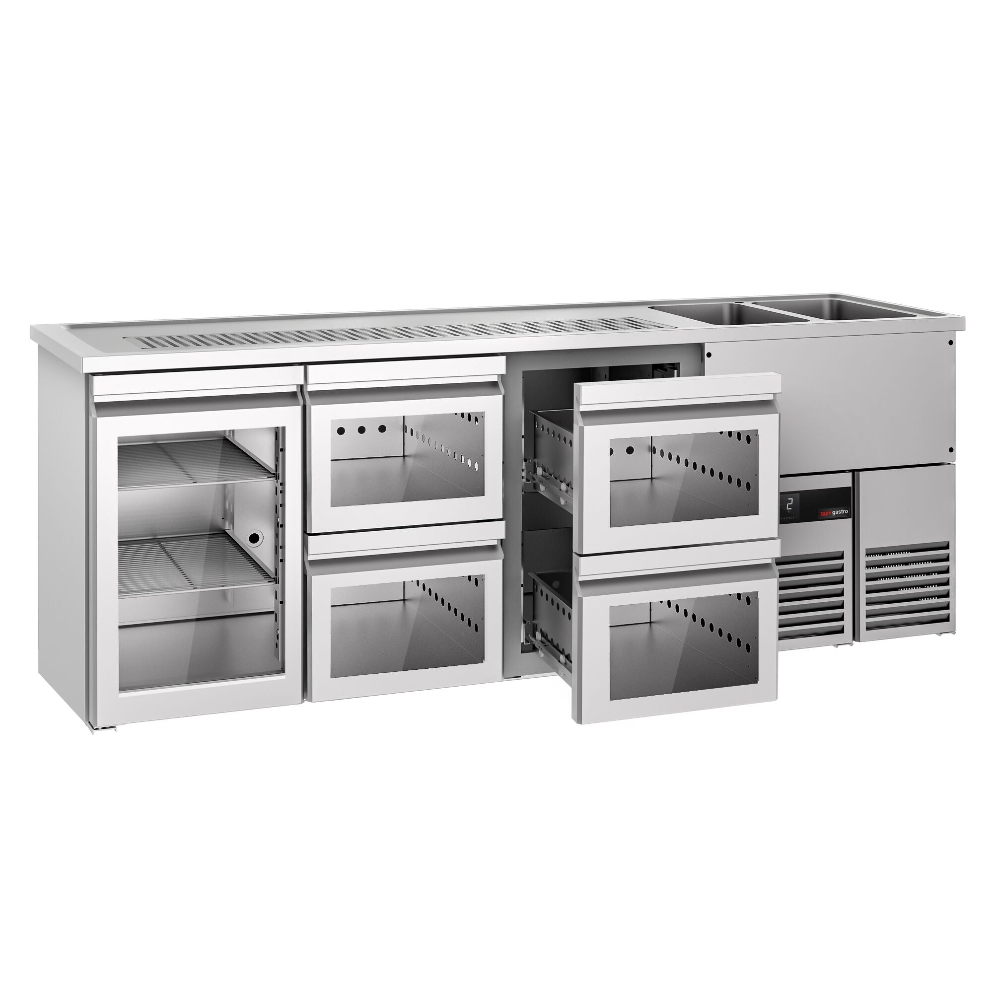 Beer counter premium - 2500x700mm - 1 glass door & 4 glass drawers