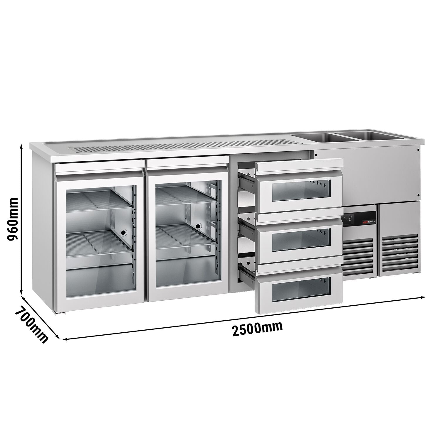 Beer counter premium - 2500x700mm - 2 glass doors & 3 glass drawers