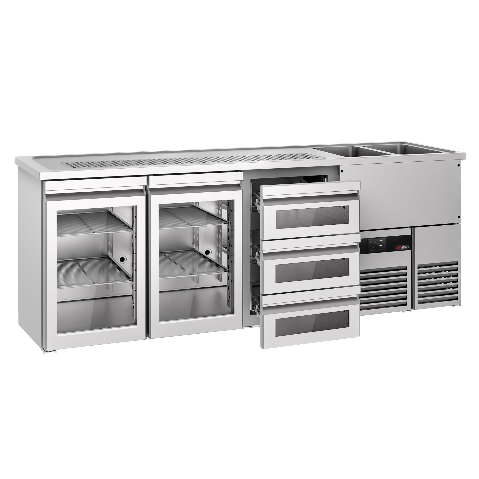 Beer counter premium - 2500x700mm - 2 glass doors & 3 glass drawers