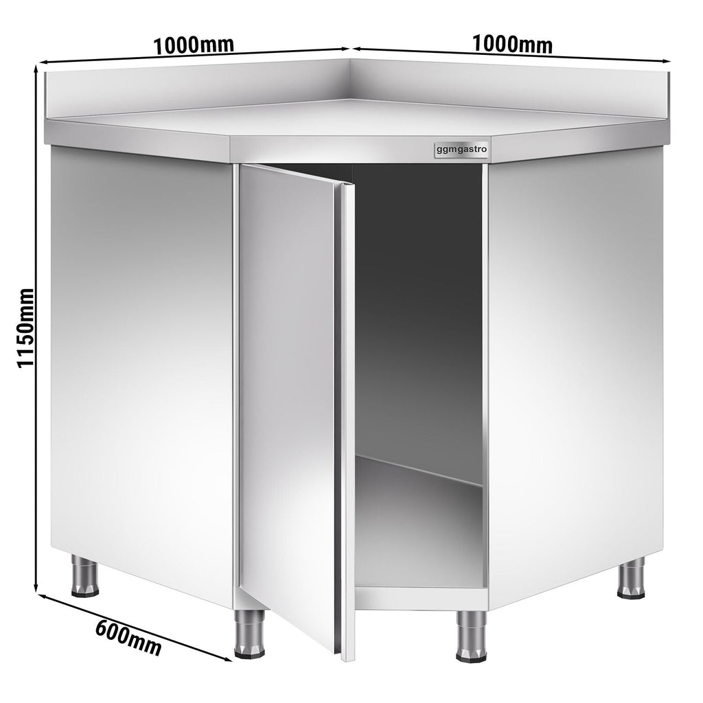 Stainless Steel Corner - Working counter with cupboard - hinged lid and back - 1000x600mm