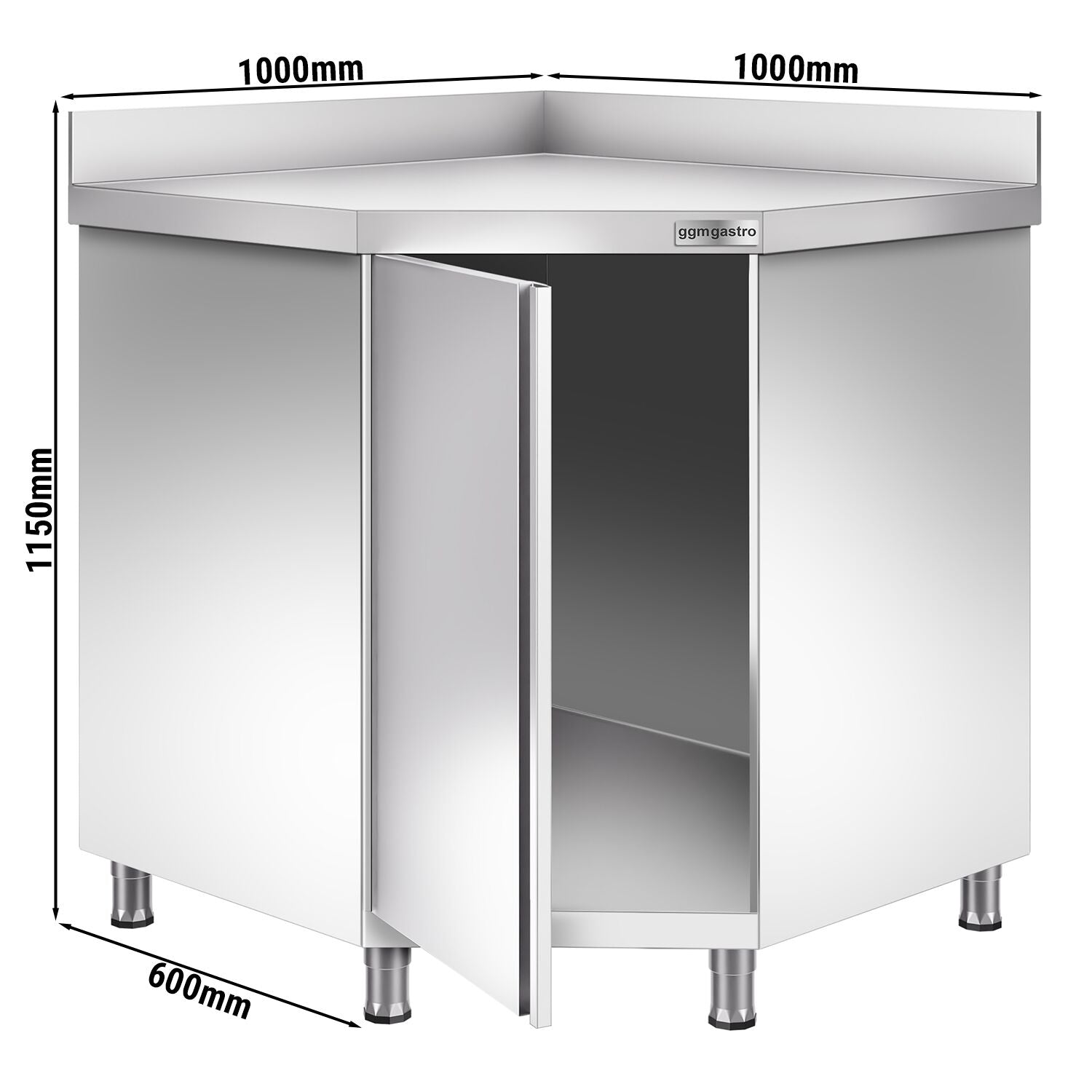 Stainless Steel Corner - Working counter with cupboard - hinged lid and back - 1000x600mm