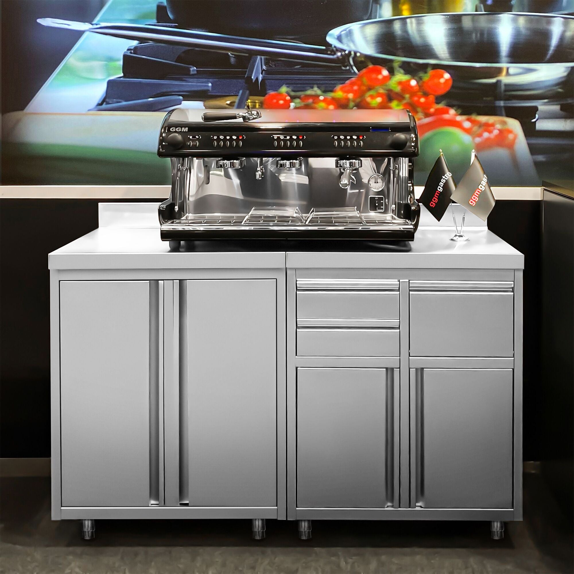 Working counter with cupboard - for the coffee machine - 800x600mm - Telve bucket, 2 drawers, 2 doors & backs