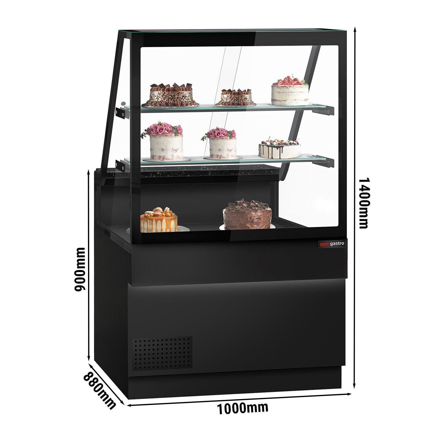 Cooled Showcase Toronto -1000mm - 2 Shelves - Black Front Panel - Black Granite Working Call