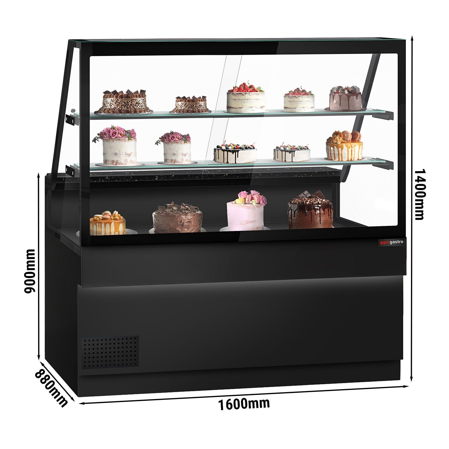 Cooling Showcase Toronto- 1600mm - 2 Shelves - Black Front Panel - Black Granite Working Call