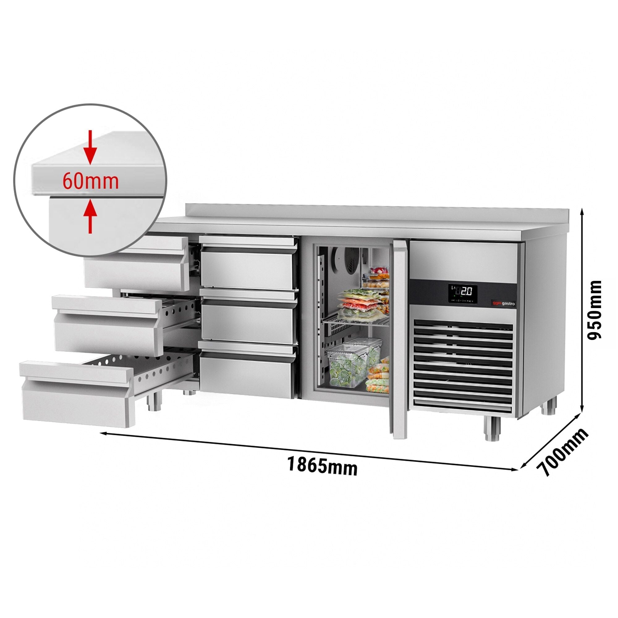 Cooling counter premium - 1865x700mm - 1 door & 6 drawers & backs
