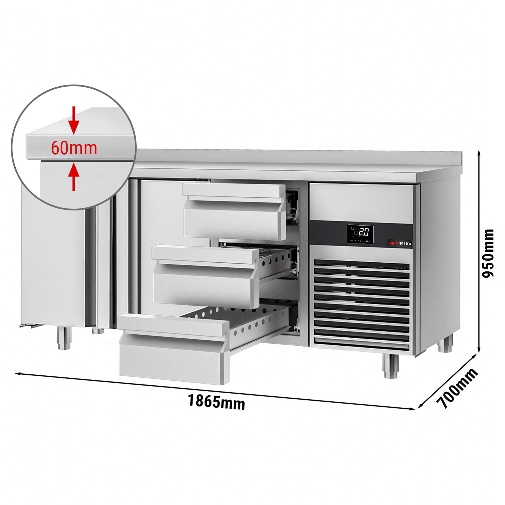 Cooling counter premium - 1865x700mm - 2 doors & 3 drawers & backs