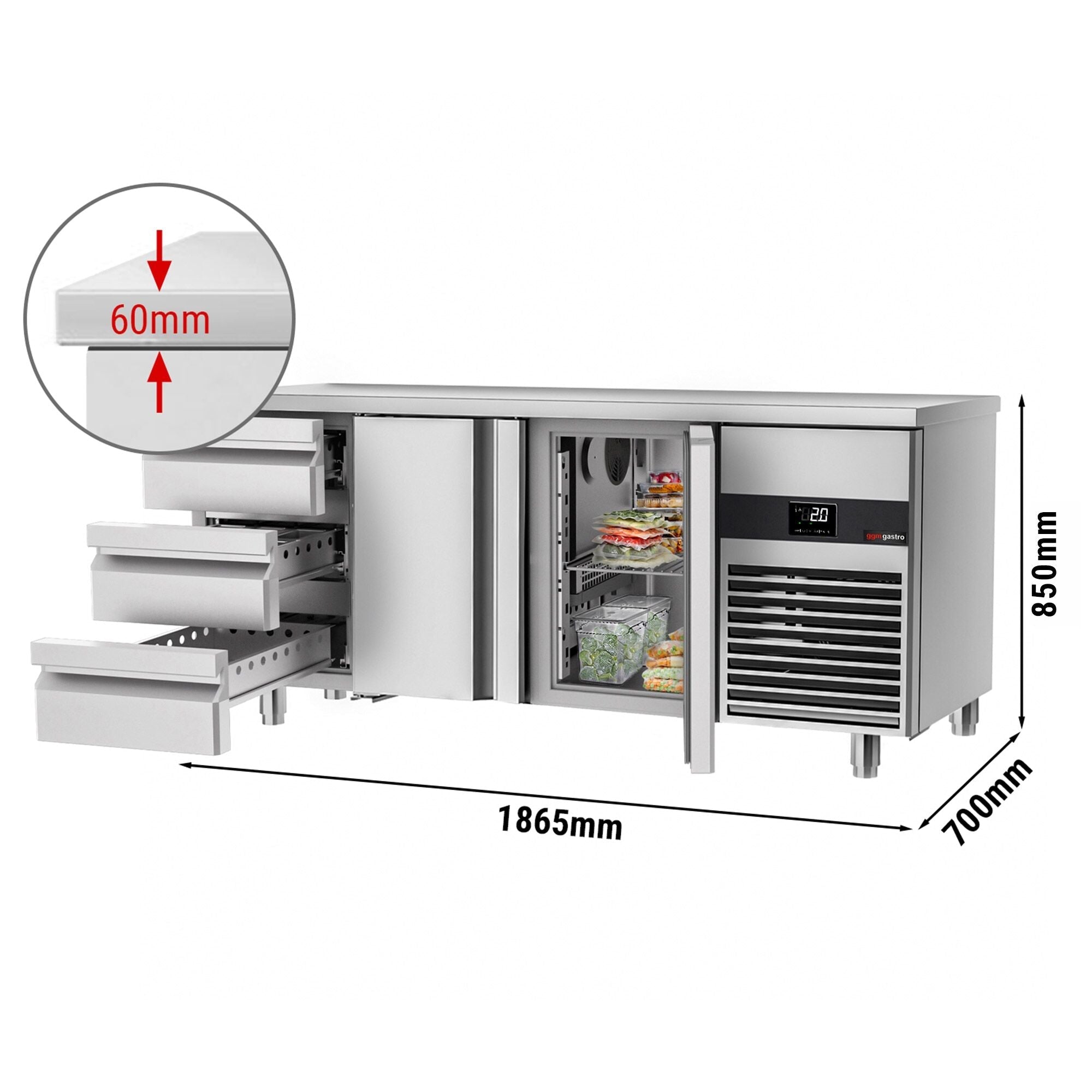 Cooling counter premium - 1865x700mm - 2 doors & 3 drawers
