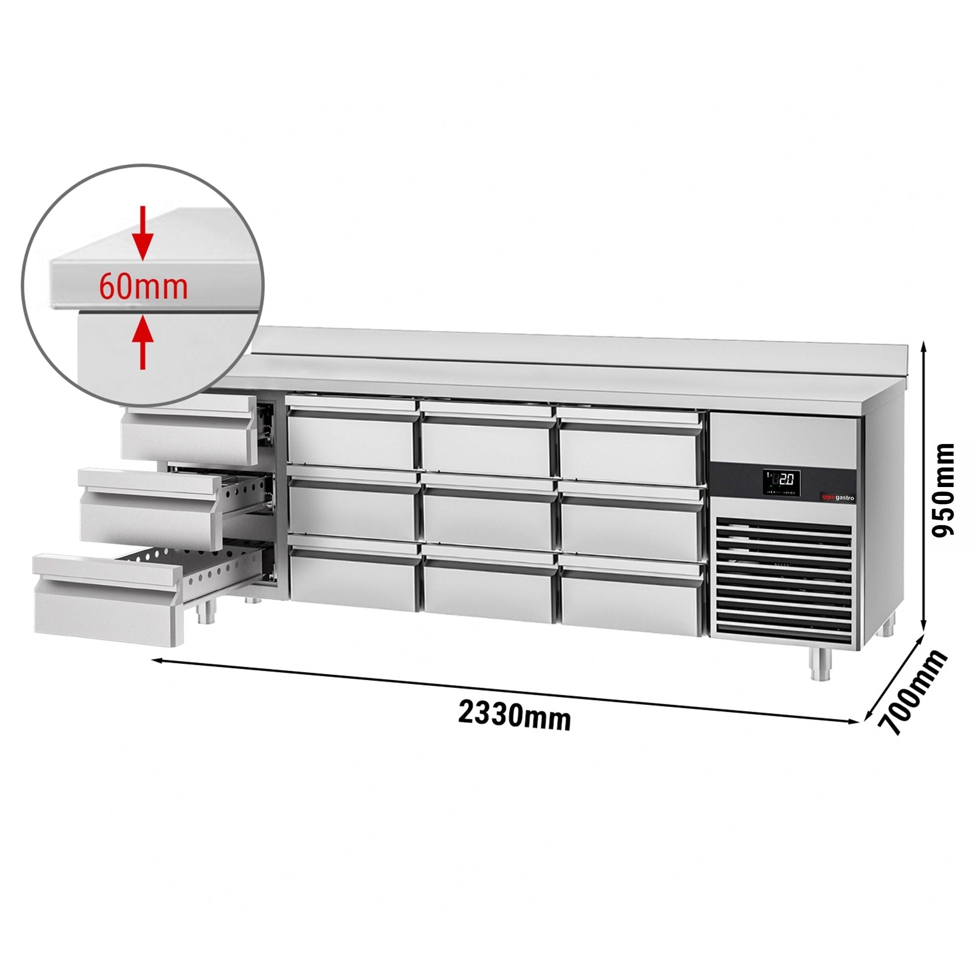 Cooling counter premium - 2330x700mm - 12 drawers & backed