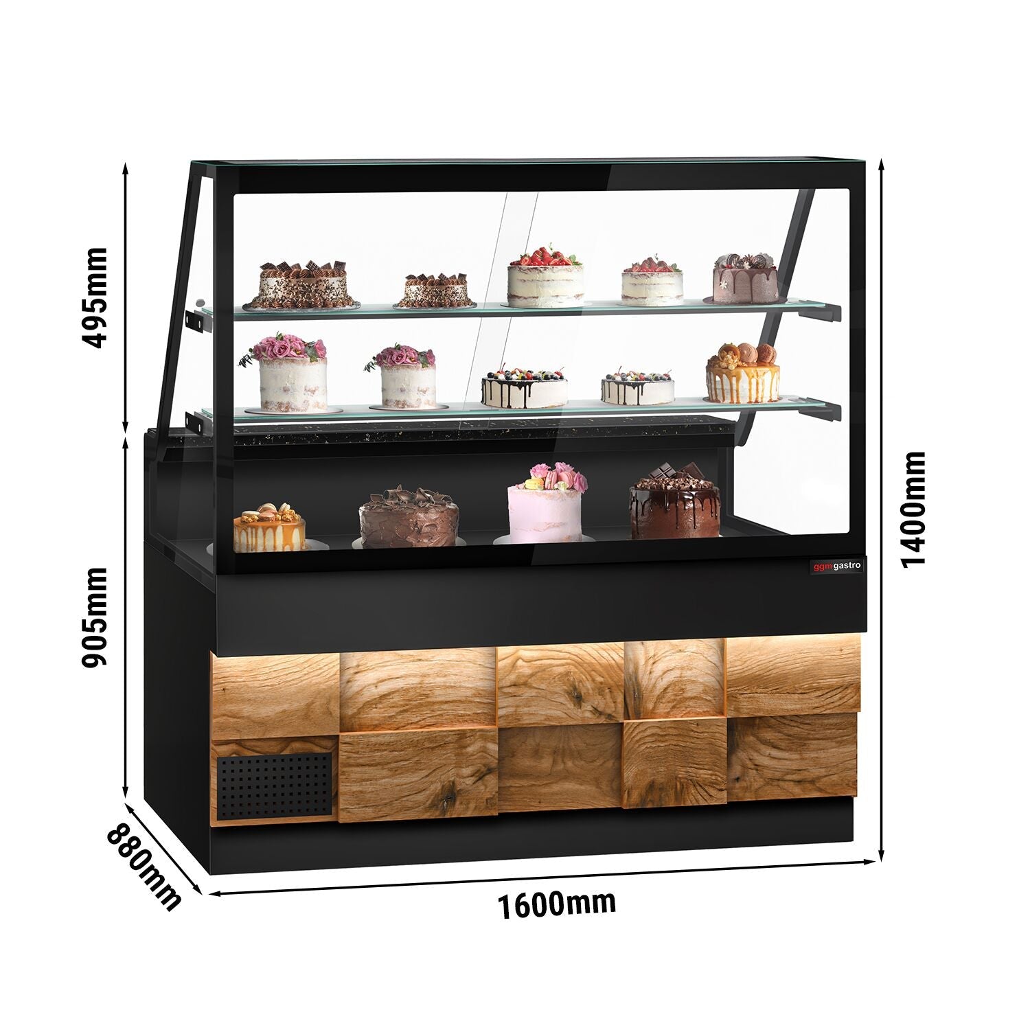 Cooled Showcase Toronto- 1600mm - Wooden Front Panel - 2 Shelves - Black Granite Working Call
