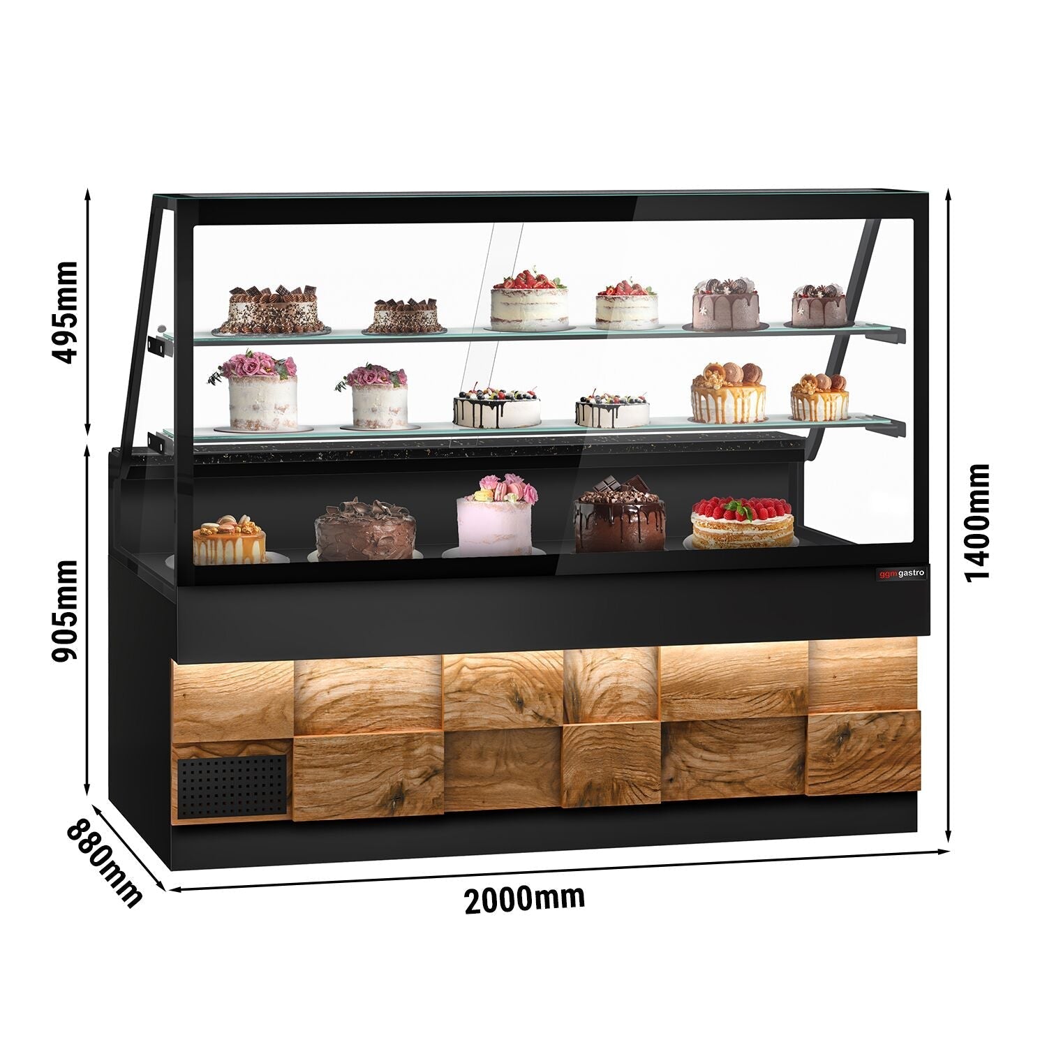Cooled Showcase Toronto- 2000mm - Wooden Front Panel - 2 Shelves - Black Granite Working Call