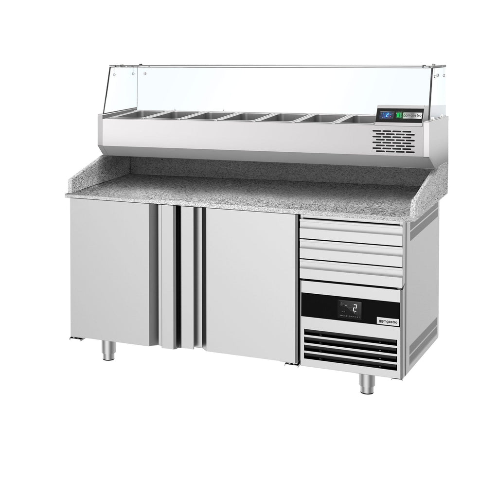 Pizza Preparation counter premium - 1600x800mm - 2 doors & 3 drawers - Included Cooling Showcase - 6x GN 1/3