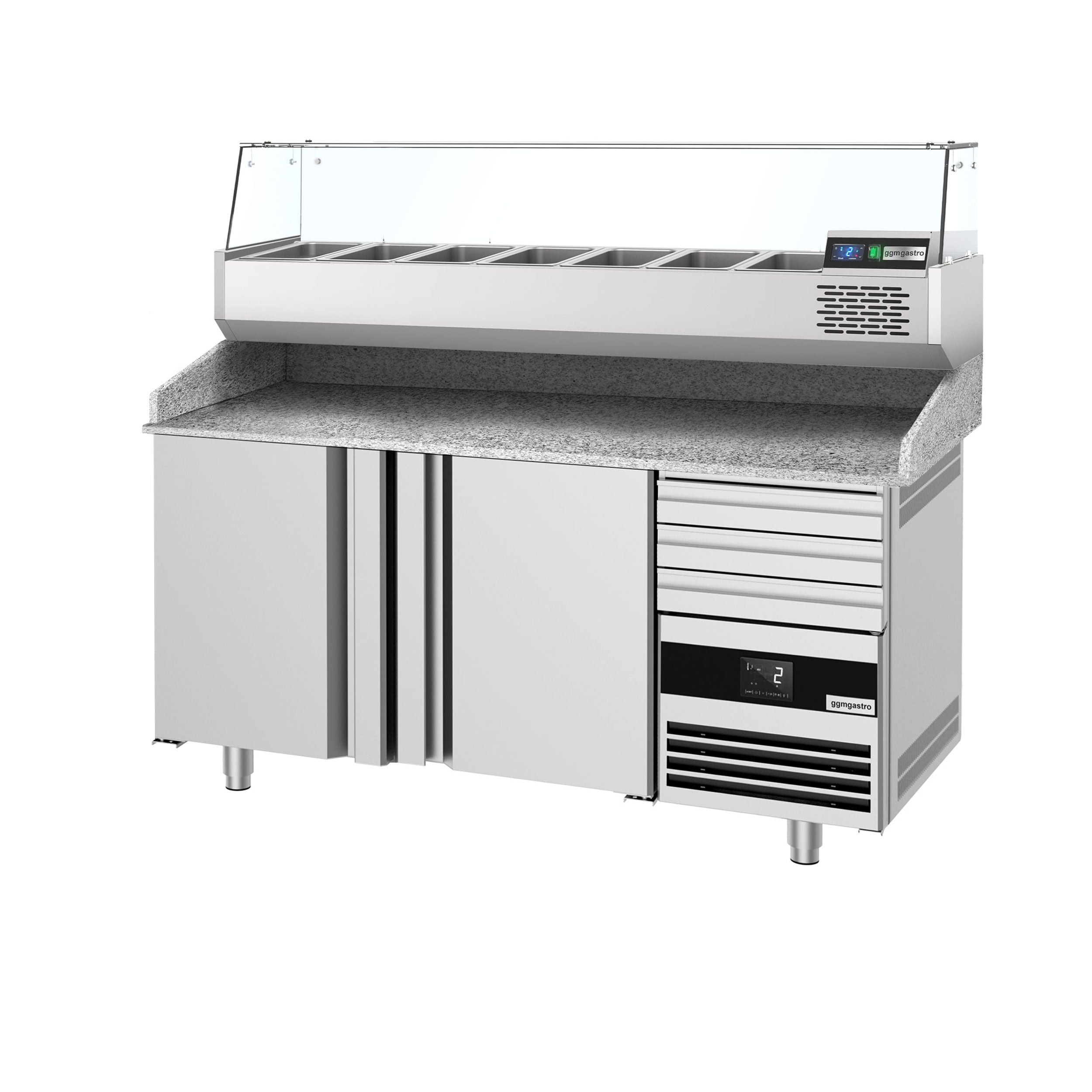 Pizza Preparation counter premium - 1600x800mm - 2 doors & 3 drawers - Included Cooling Showcase - 6x GN 1/3