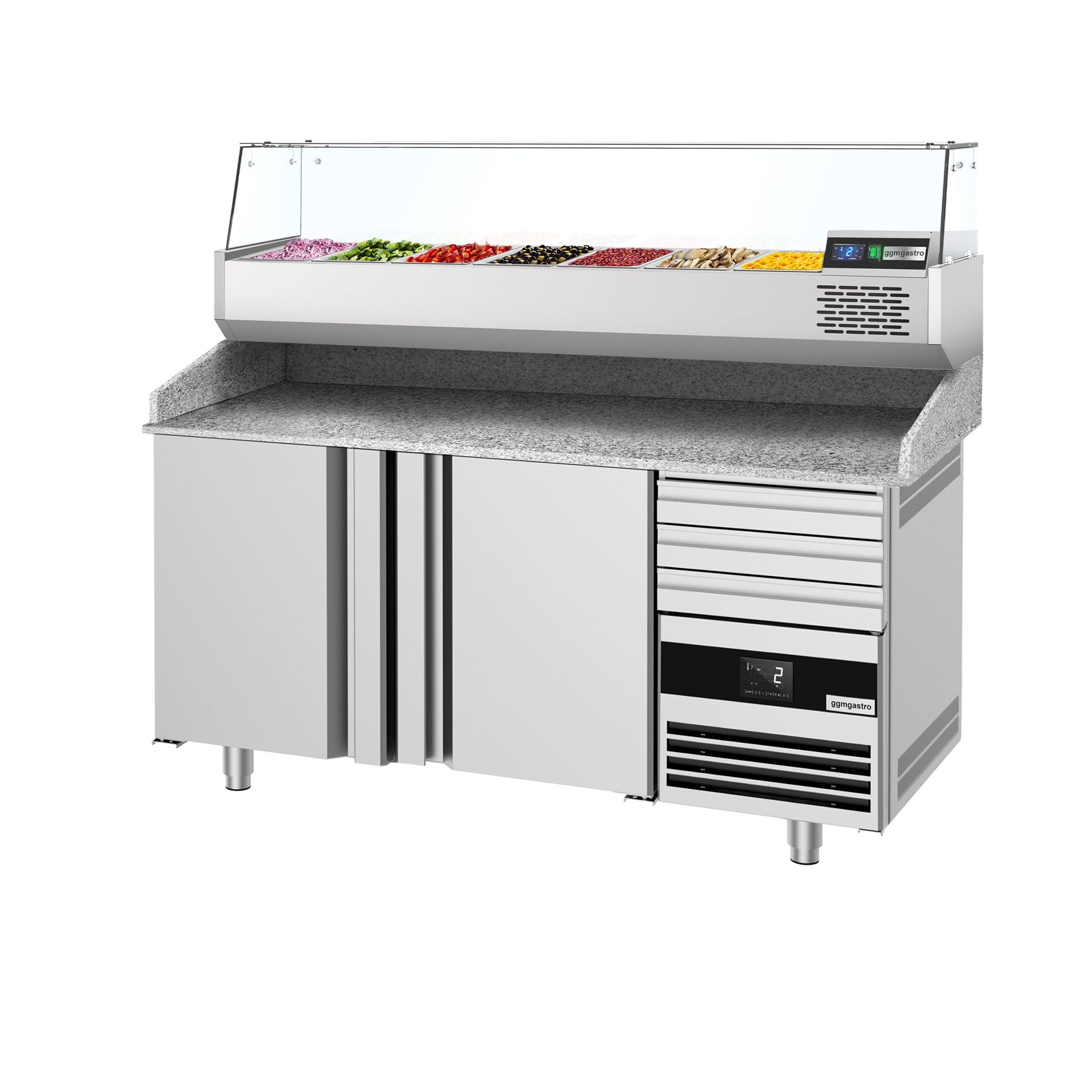 Pizza Preparation counter premium - 1600x800mm - 2 doors & 3 drawers - Included Cooling Showcase - 6x GN 1/3