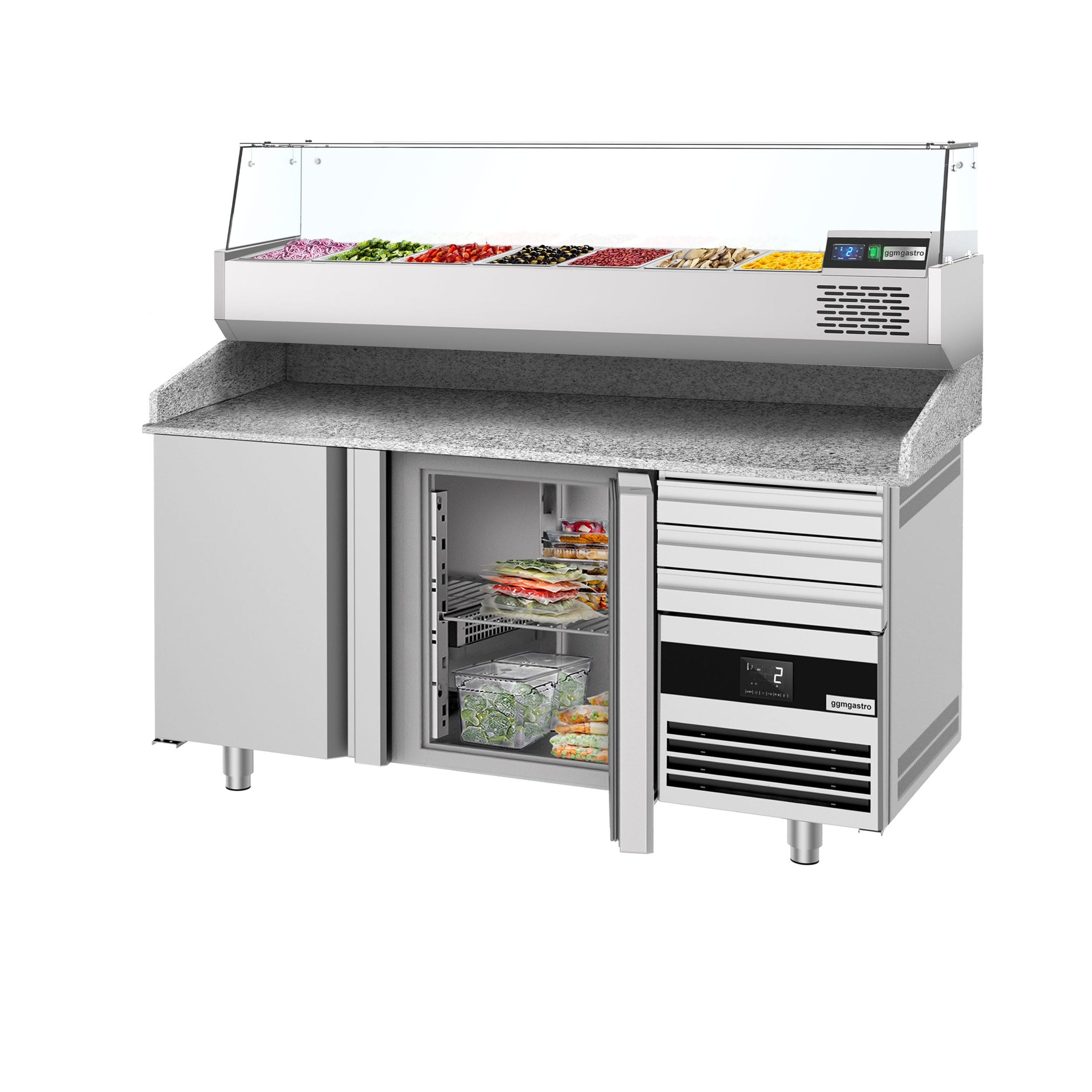 Pizza Preparation counter premium - 1600x800mm - 2 doors & 3 drawers - Included Cooling Showcase - 6x GN 1/3