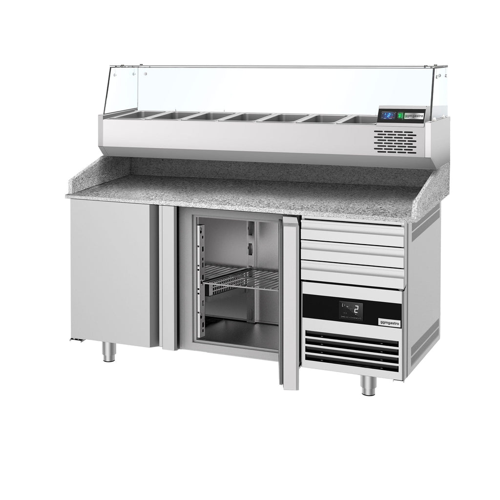 Pizza Preparation counter premium - 1600x800mm - 2 doors & 3 drawers - Included Cooling Showcase - 6x GN 1/3
