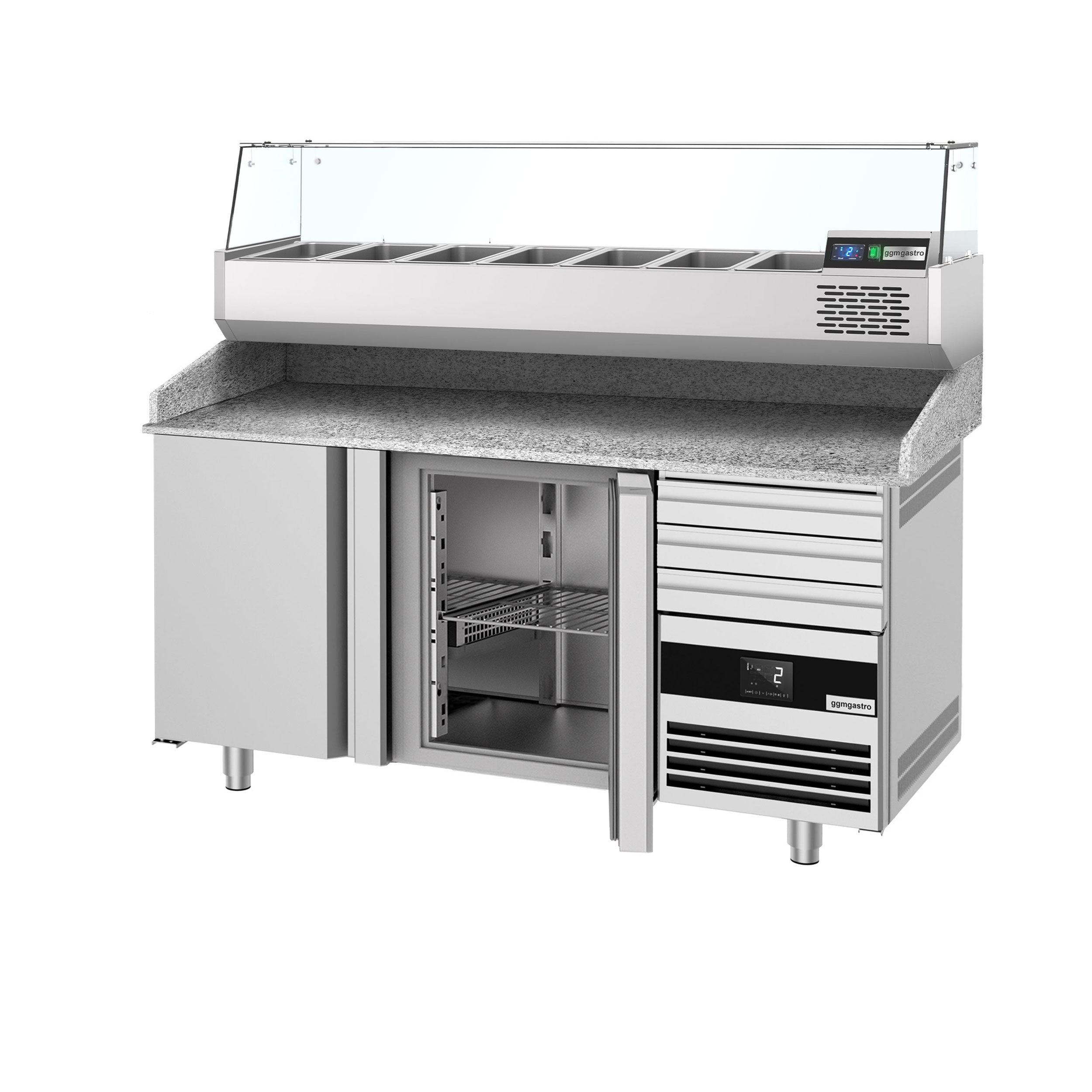 Pizza Preparation counter premium - 1600x800mm - 2 doors & 3 drawers - Included Cooling Showcase - 6x GN 1/3