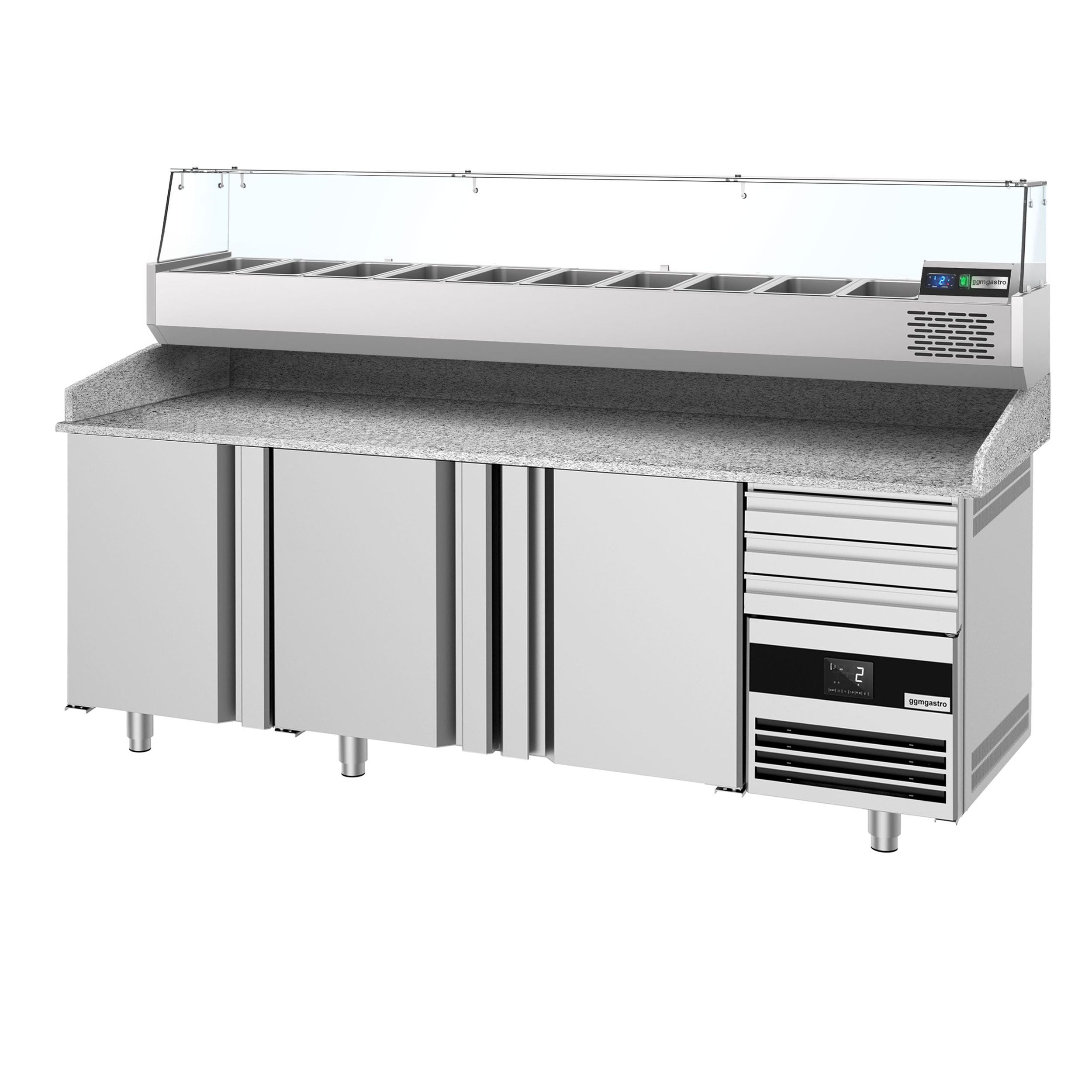 Pizza Preparation counter premium - 2150x800mm - 3 doors & 3 drawers - Included Cooling Showcase - 10x GN 1/3
