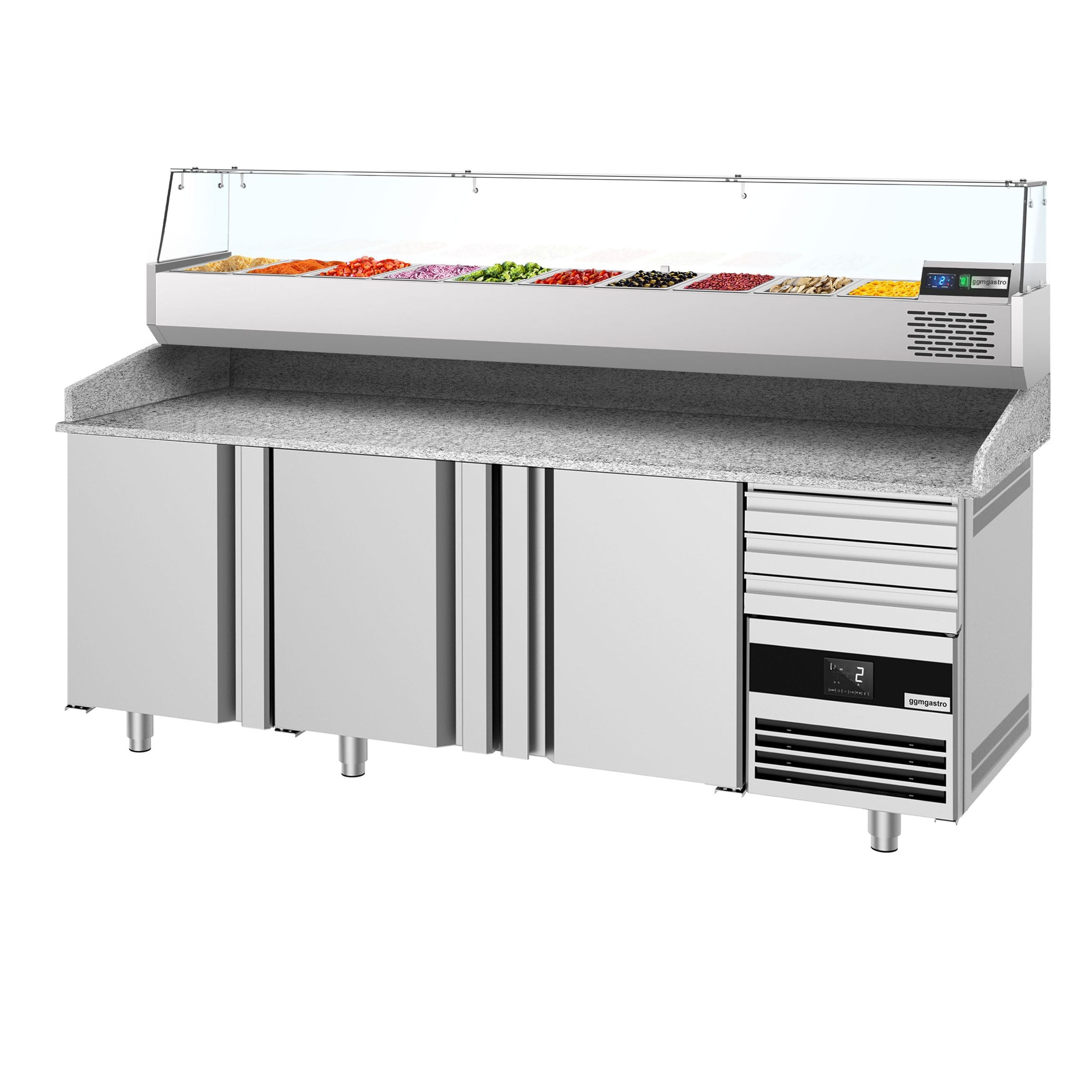 Pizza Preparation counter premium - 2150x800mm - 3 doors & 3 drawers - Included Cooling Showcase - 10x GN 1/3