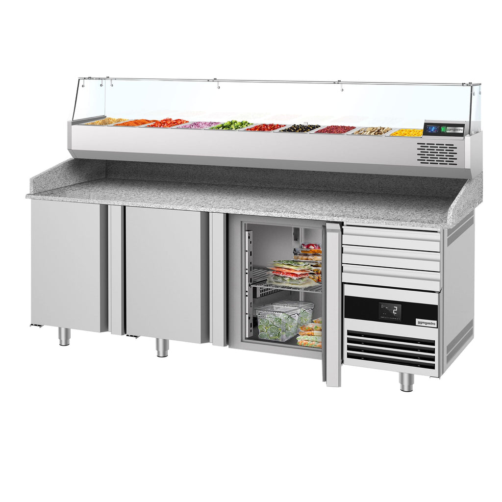 Pizza Preparation counter premium - 2150x800mm - 3 doors & 3 drawers - Included Cooling Showcase - 10x GN 1/3