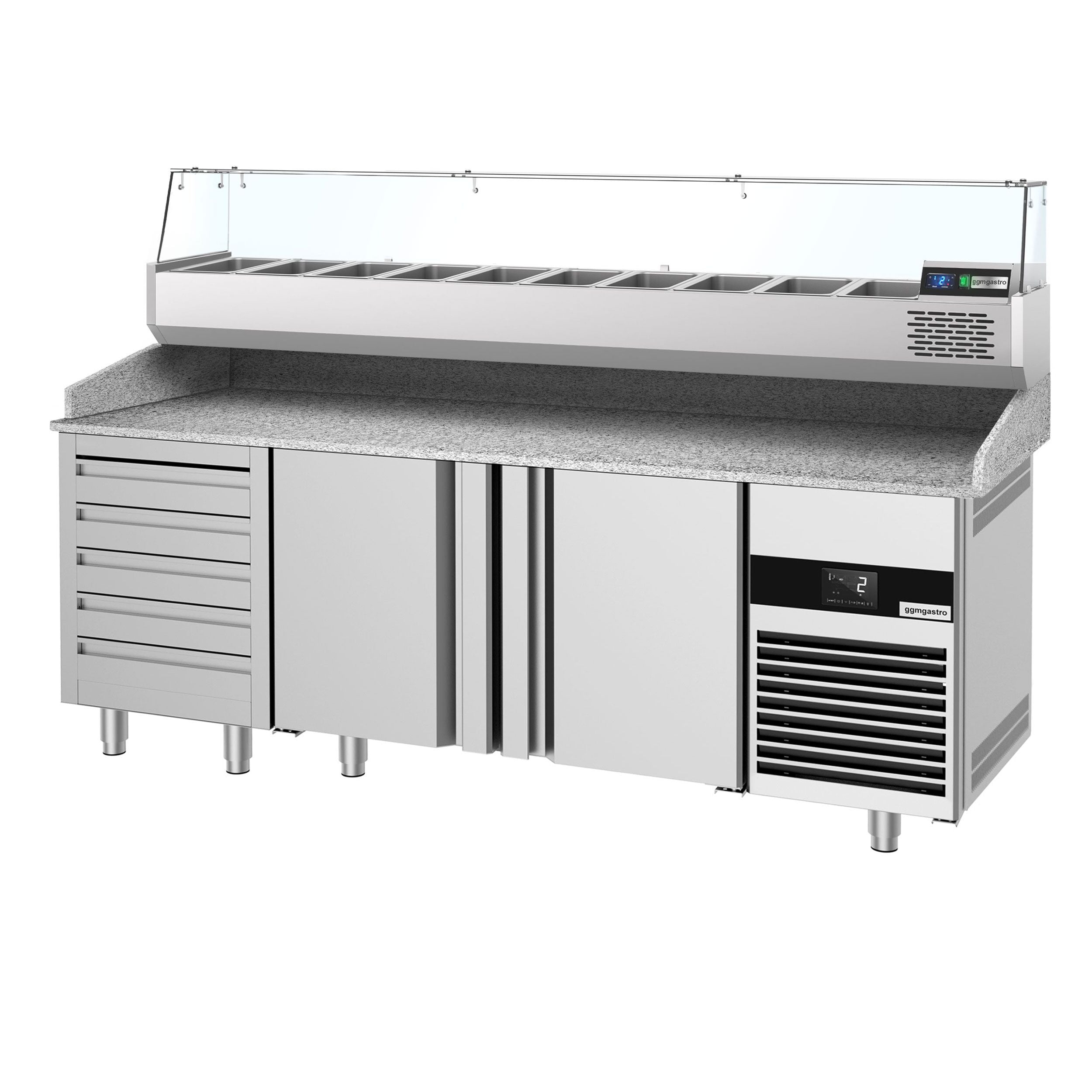 Pizza Preparation counter premium - 2100x800mm - 3 doors & 7 drawer - Included window showcase - 10x GN 1/3