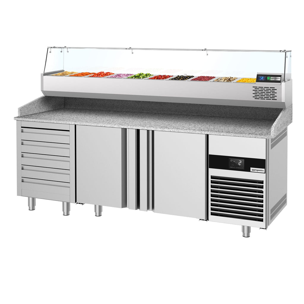 Pizza Preparation counter premium - 2100x800mm - 3 doors & 7 drawer - Included window showcase - 10x GN 1/3