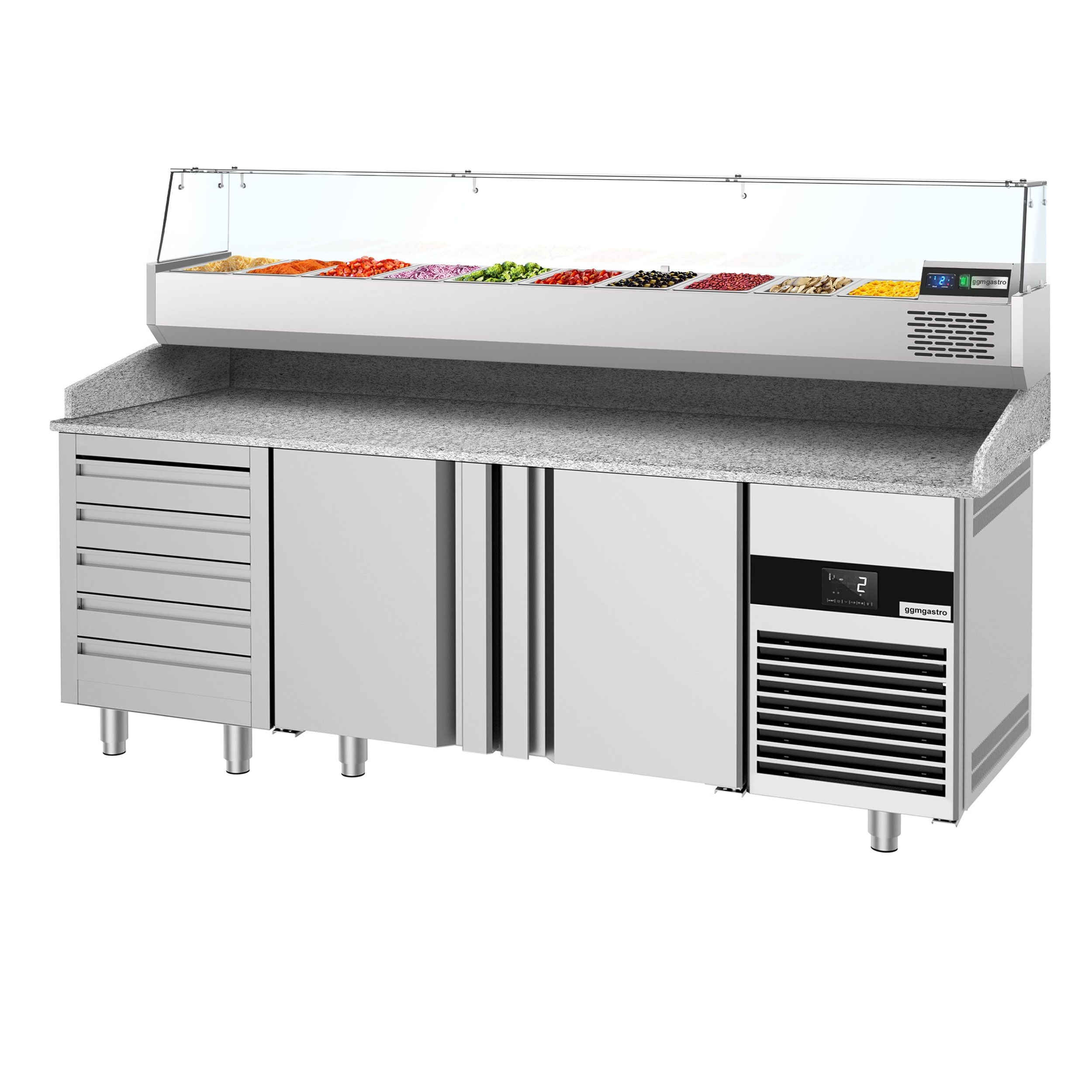 Pizza Preparation counter premium - 2100x800mm - 3 doors & 7 drawer - Included window showcase - 10x GN 1/3