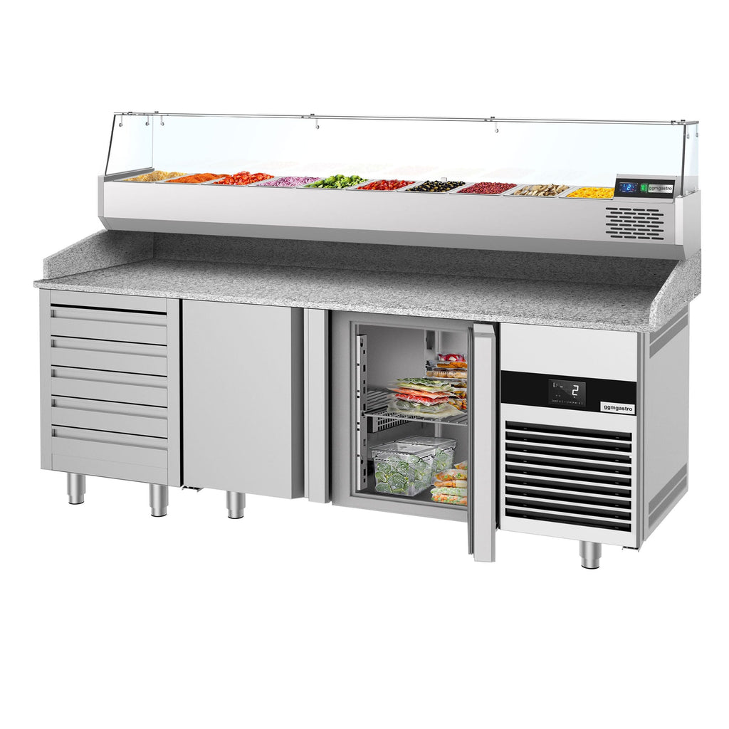 Pizza Preparation counter premium - 2100x800mm - 3 doors & 7 drawer - Included window showcase - 10x GN 1/3