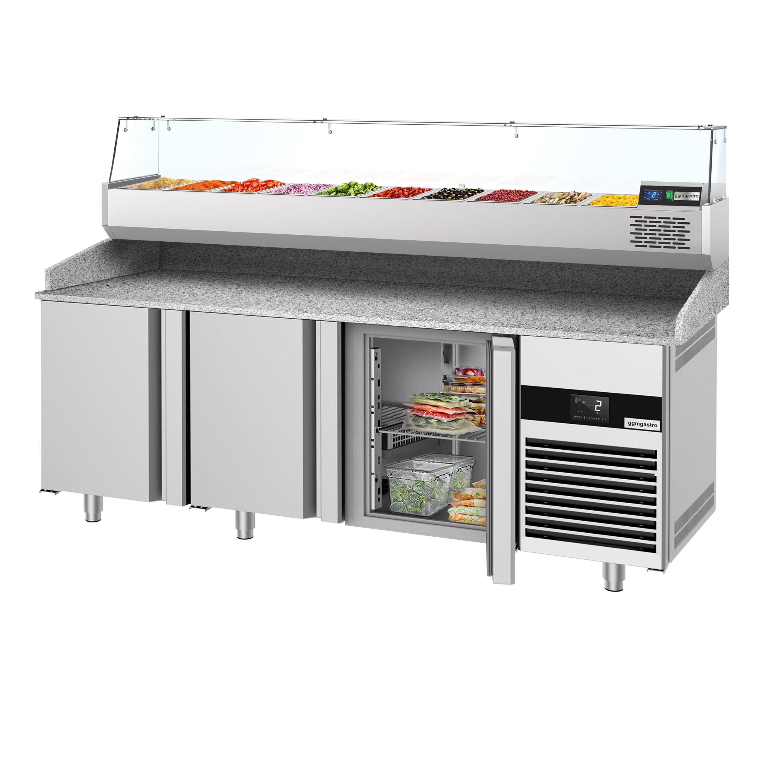 Pizza Preparation counter premium - 2100x800mm - 3 doors - Included cooled showcase - 10x GN 1/3