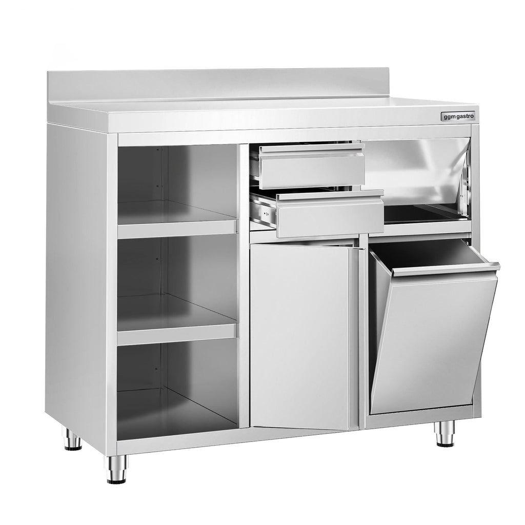 Working Cabinet - For Coffee Machine - 1200x600mm - Tokmak with Tokmak, 2 drawers, 1 lid, garbage boxed and feet