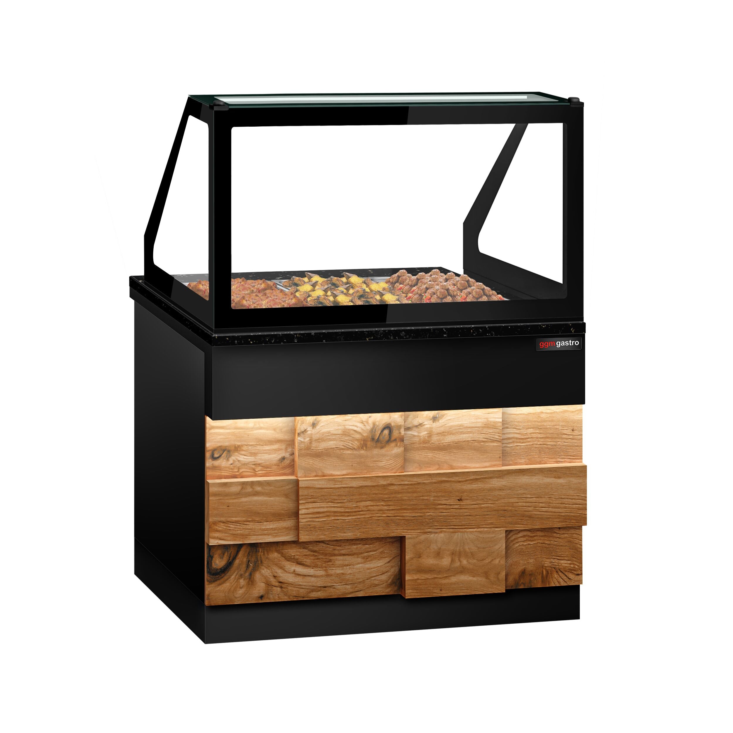 Hot Holding Showcase Toronto - 1250mm - Wooden Front Panel - For 3x GN 1/1- Black Granite Working Call
