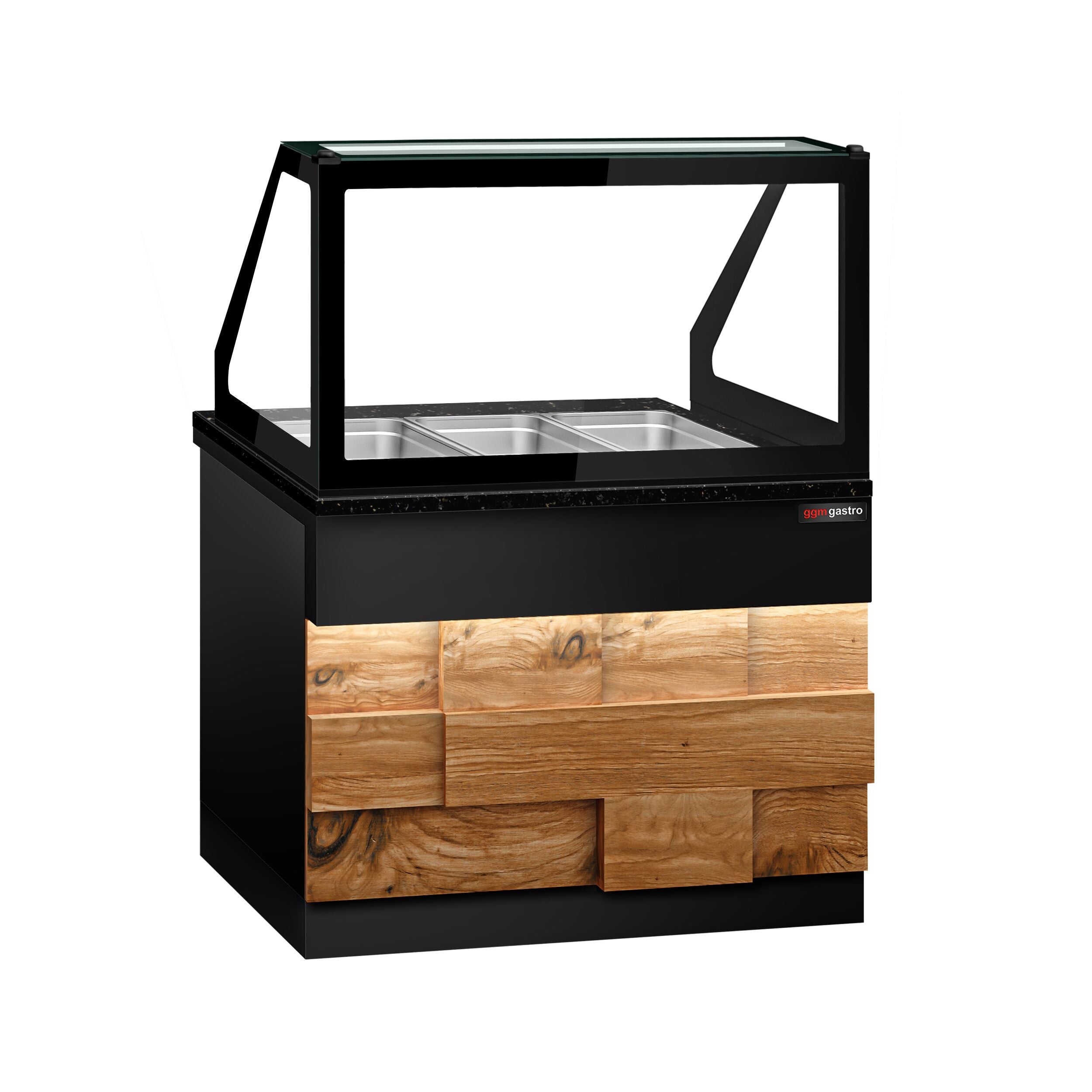 Hot Holding Showcase Toronto - 1250mm - Wooden Front Panel - For 3x GN 1/1- Black Granite Working Call
