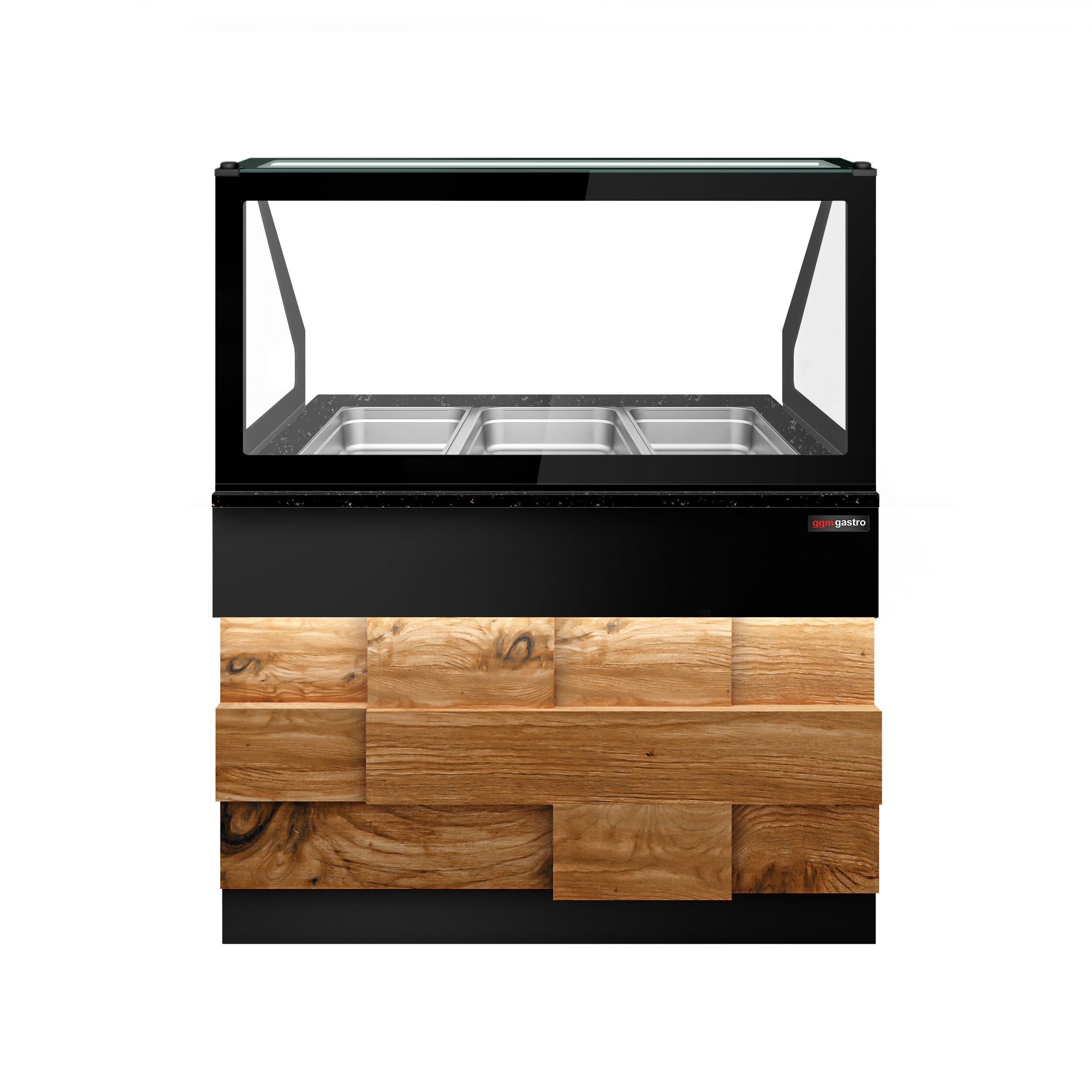 Hot Holding Showcase Toronto - 1250mm - Wooden Front Panel - For 3x GN 1/1- Black Granite Working Call