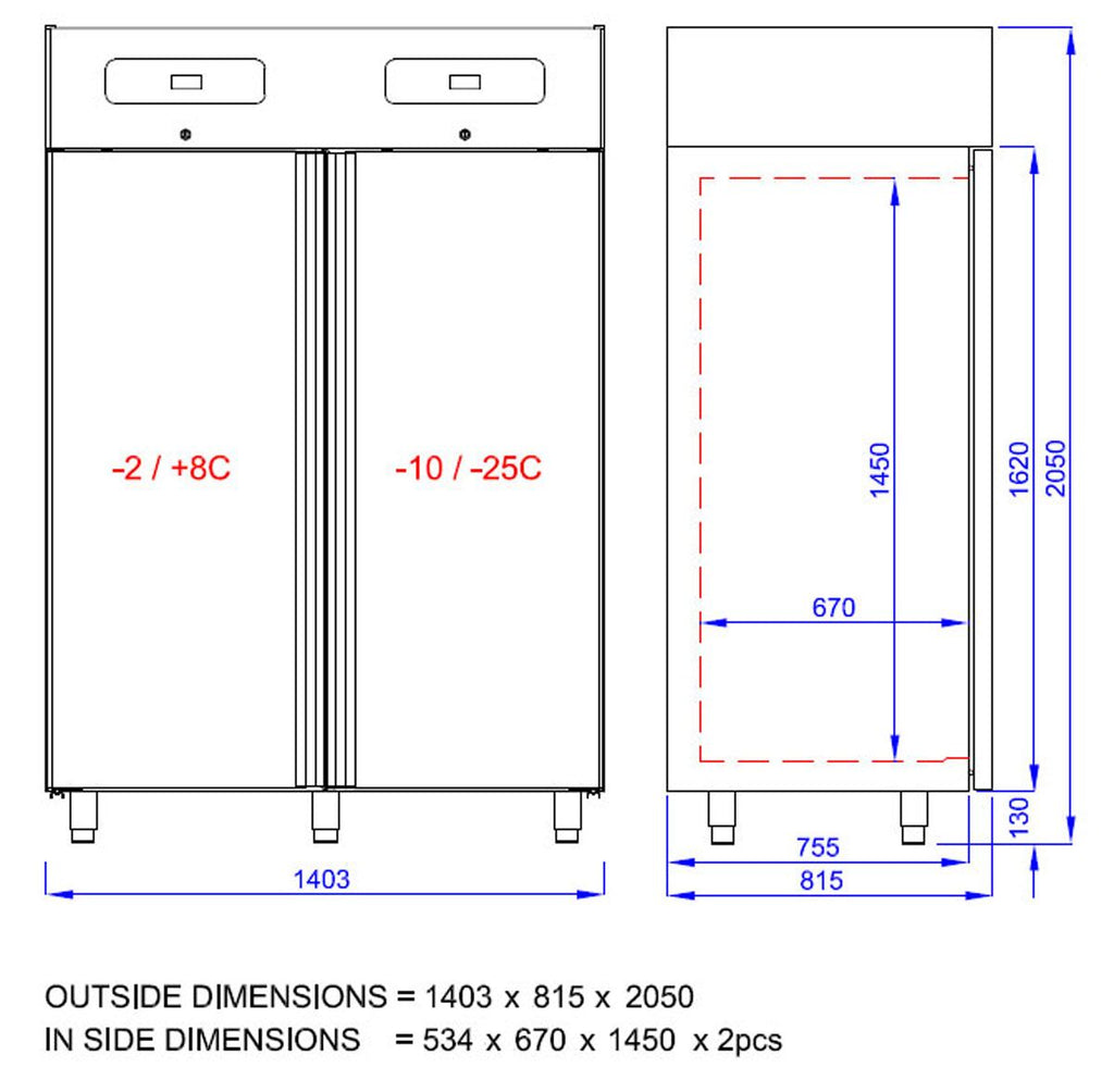 Refrigerator & Deep Freezer Combination PremIum - GN 2/1 - 1400 liters - 2 glass doors
