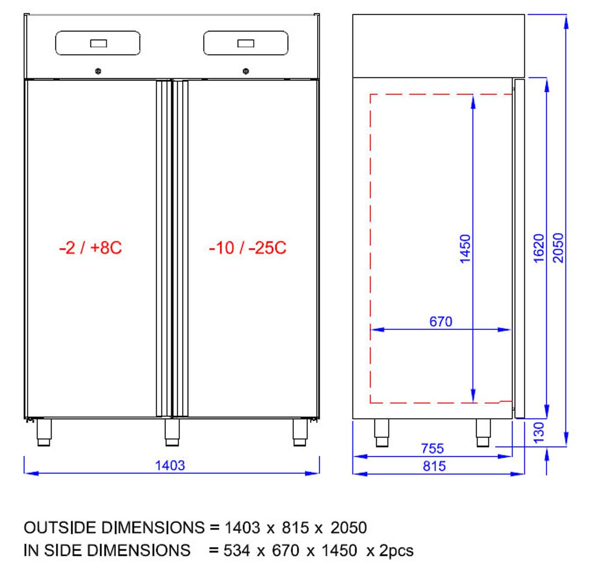 Refrigerator & Deep Freezer Combination PremIum - GN 2/1 - 1400 liters - 2 glass doors