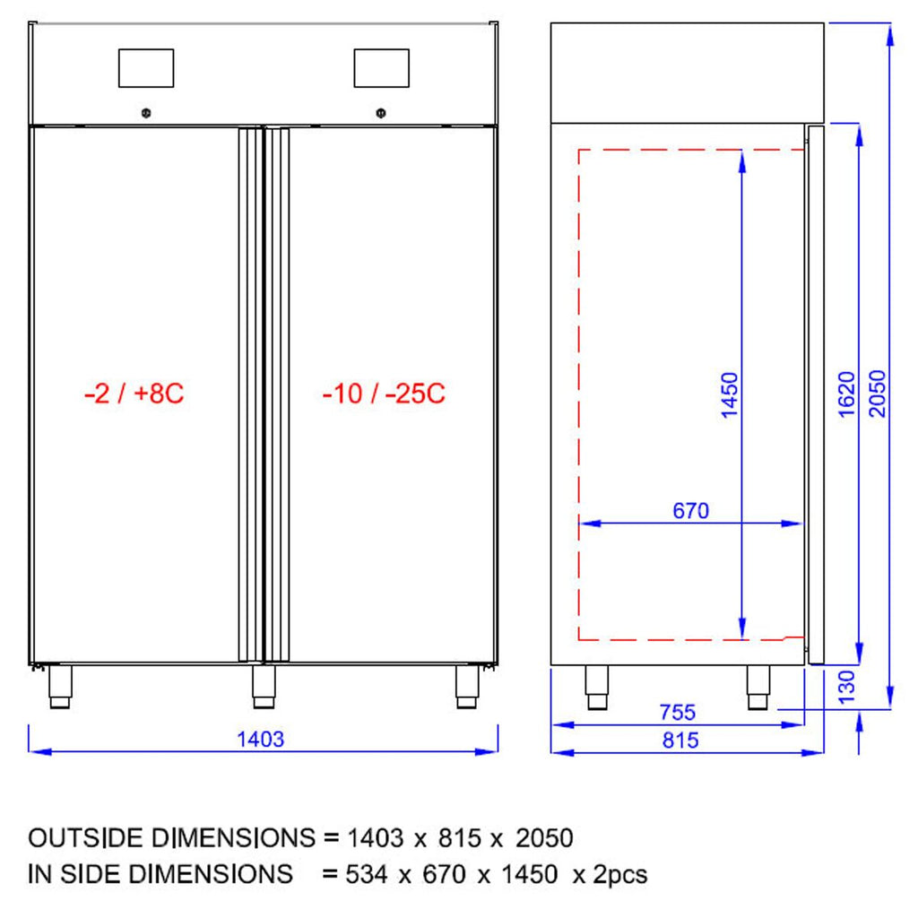 Refrigerator & Deep Freezer Combination PremIum - GN 2/1 - 1400 liters - 2 doors