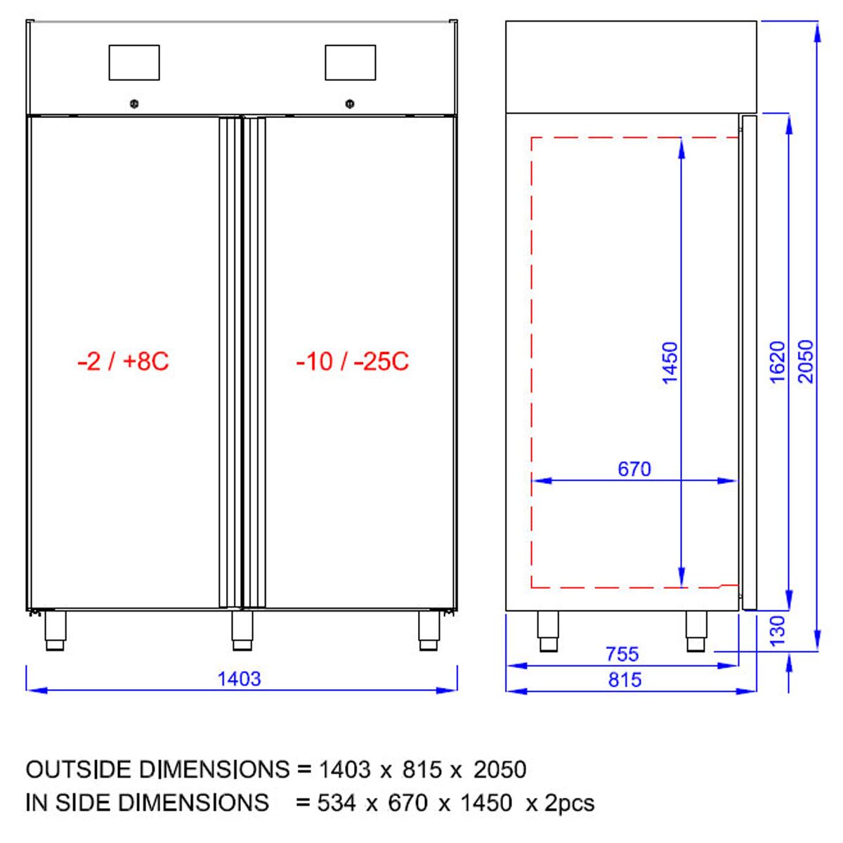 Refrigerator & Deep Freezer Combination PremIum - GN 2/1 - 1400 liters - 2 doors