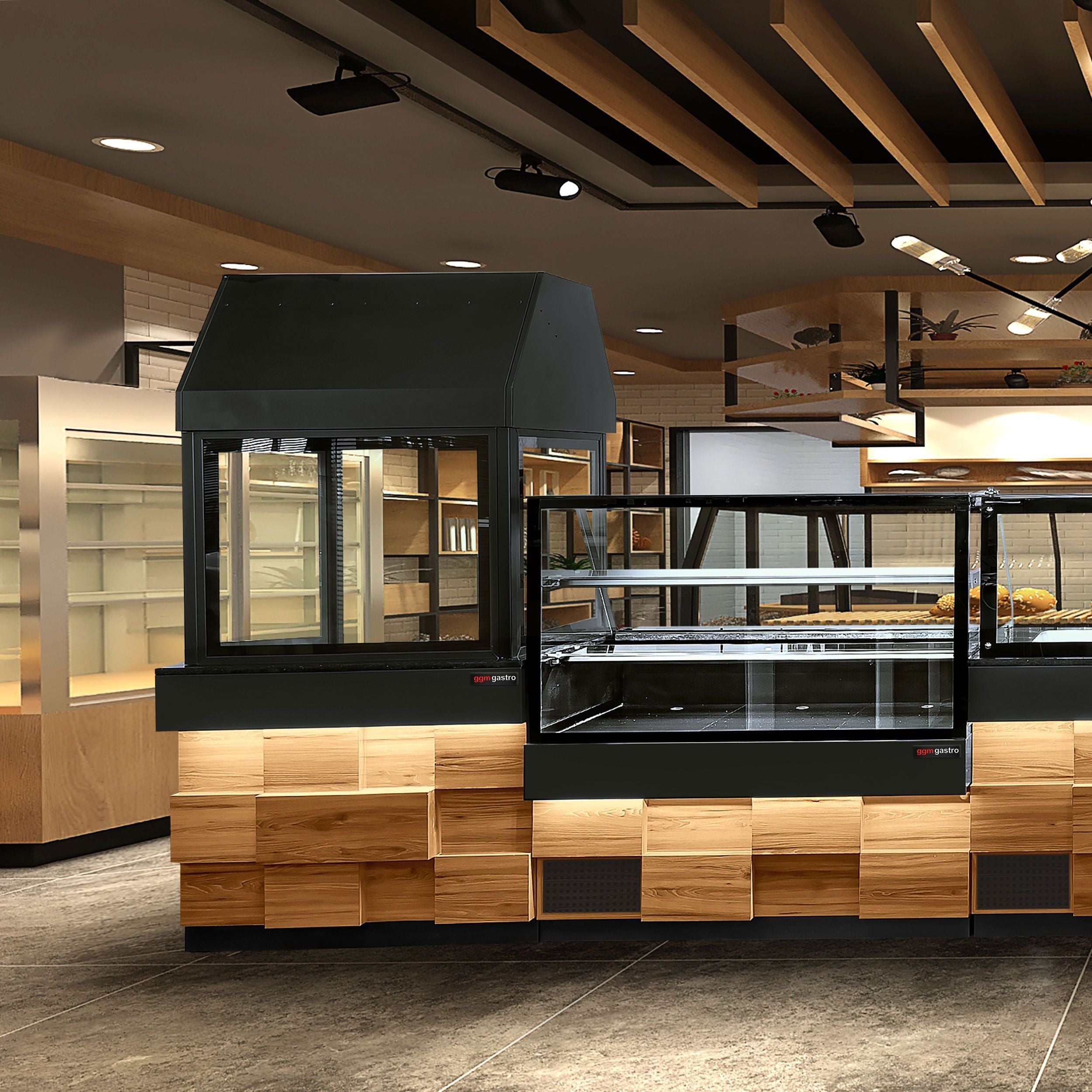 Cooled Showcase Toronto- 2000mm - Wooden Front Panel - 2 Shelves - Black Granite Working Call